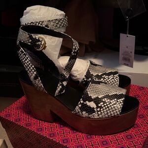Tory Burch Black and White Snakeskin Platform Sandals